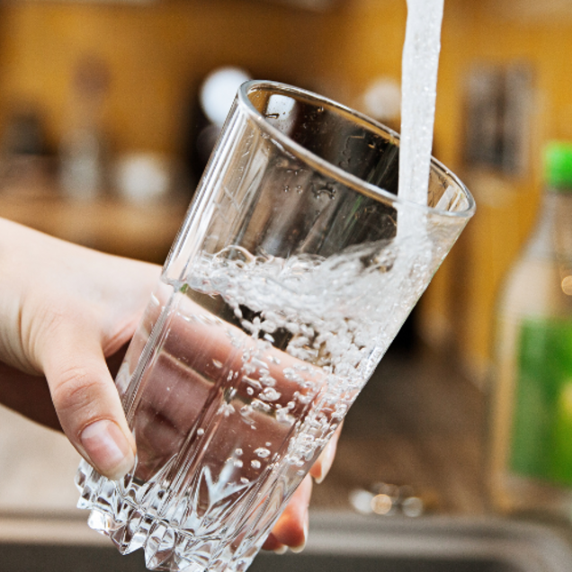 un verre d'eau est servi au robinet d'une cuisine